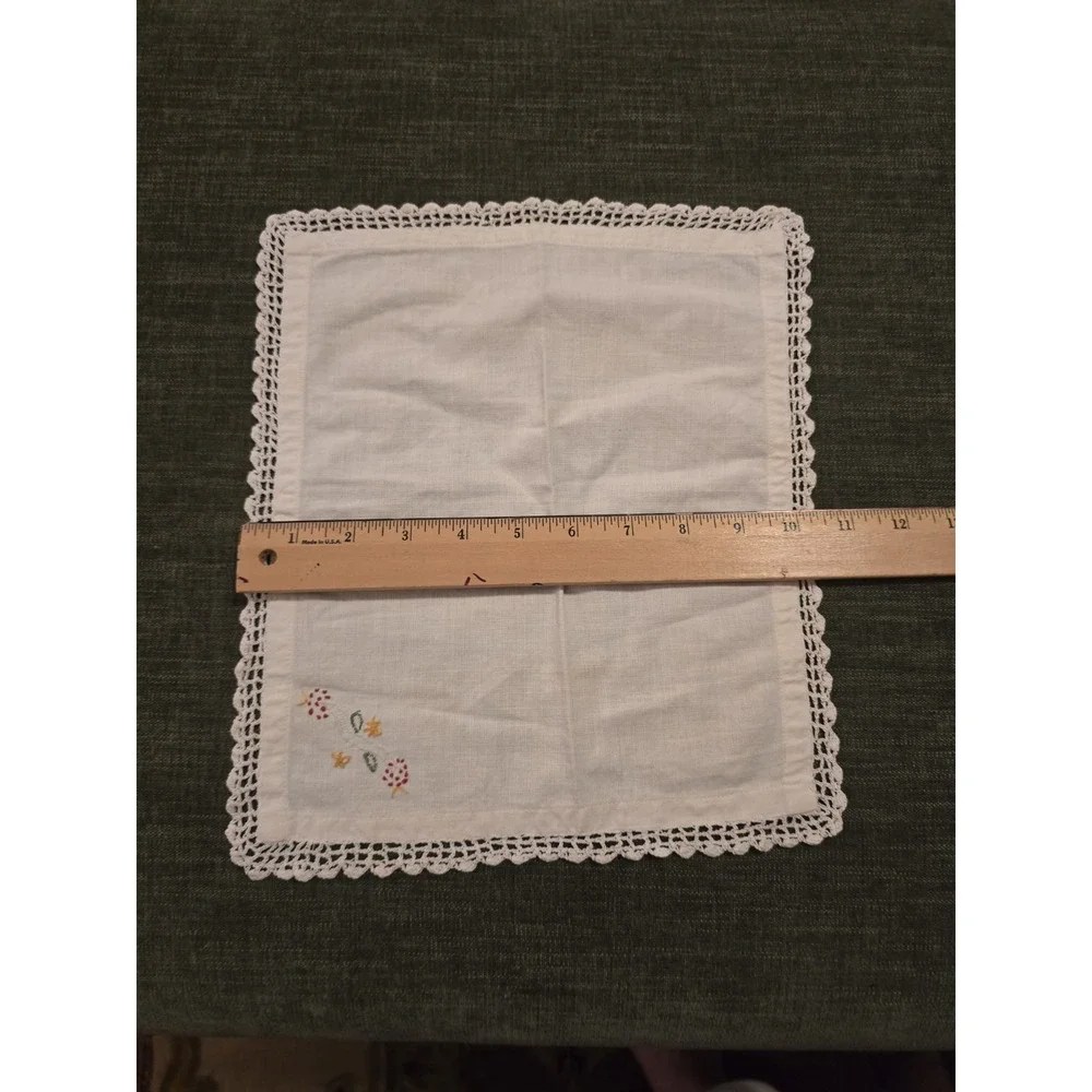 Vintage White Linen Small Tabletop Mat Lace Trim Hand Embroidered Floral 13x11